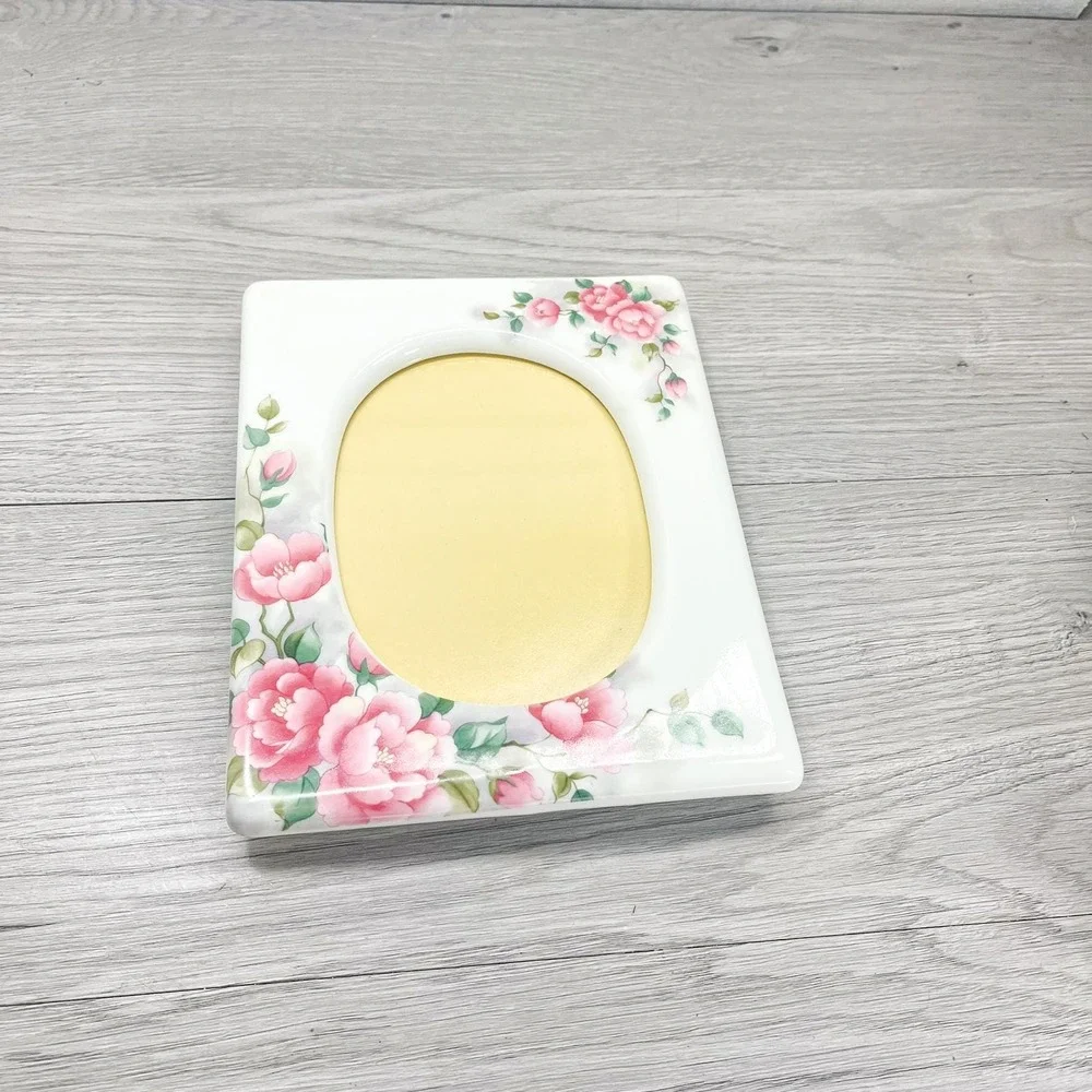 Vintage White Ceramic Picture Frame:‎ Pink Floral Cottagecore Decor